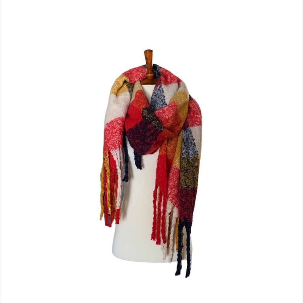 Boutique Plaid Fringe Blanket Scarf OS